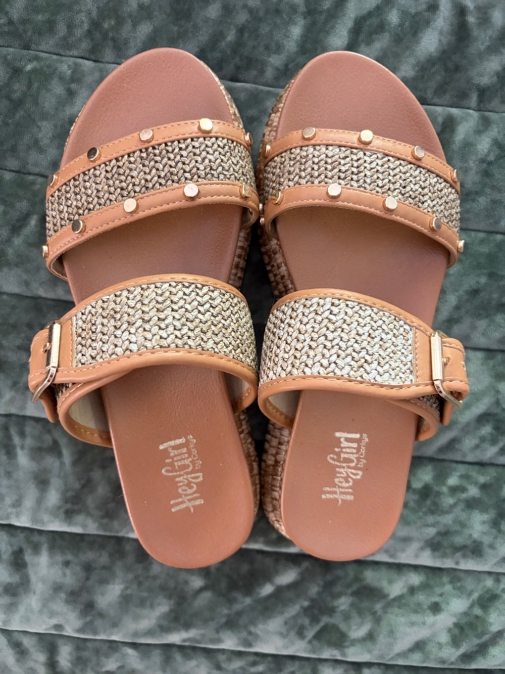 Corkys Tan Braided Double-Strap Slide Sandals with Stud Accents
